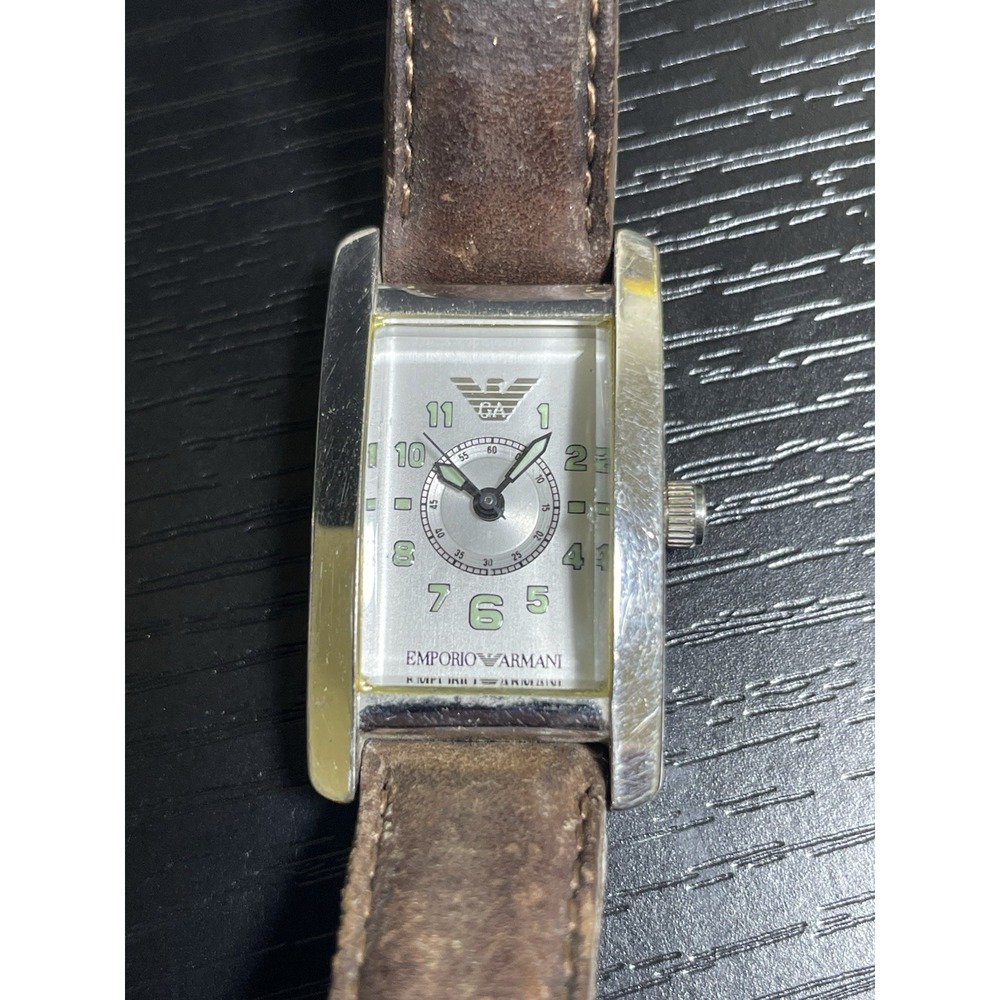Emporio Armani Womens Watch Rectangular Brown Leather Quartz Classic Needs Batt